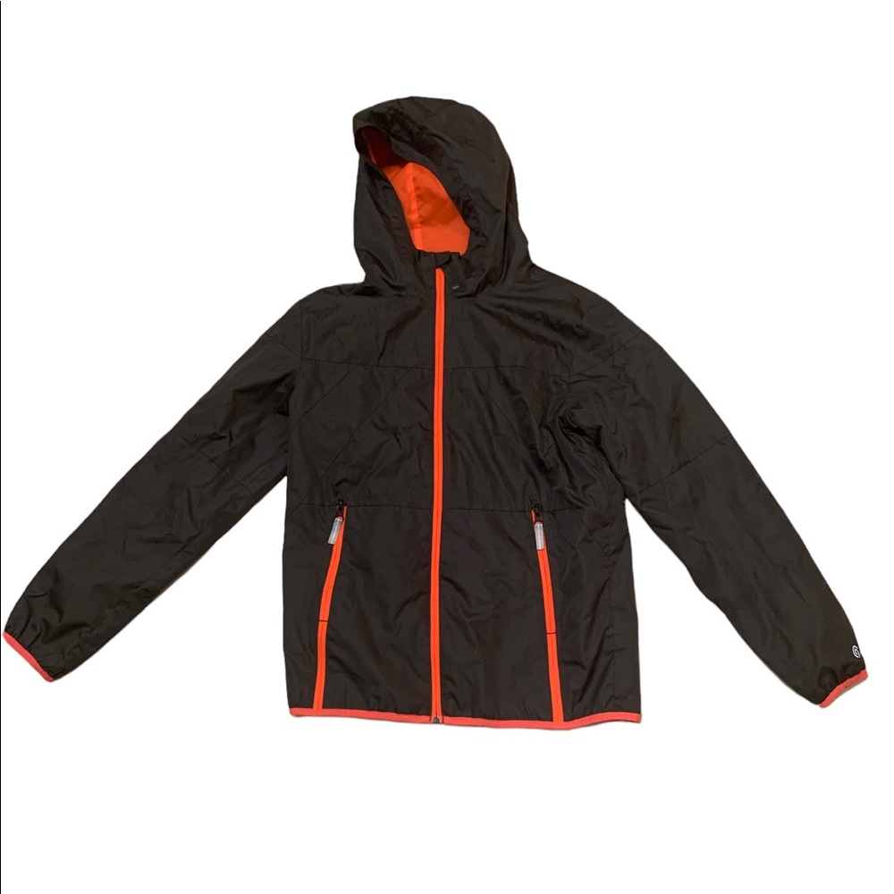 CHAMPION Boys Windbreaker Jacket Rain Hood Size Large 12-14 Dark Gray Orange.